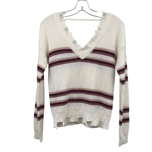 Moral Fiber Womens Striped Knit Sweater V-Neck Distressed Size Large - Picture 1 of 9